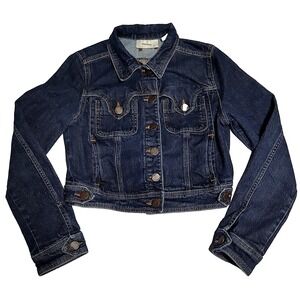 MANGO MNG JEANS Juniors Large Dark Wash Cropped Stretch Denim Jean Jacket